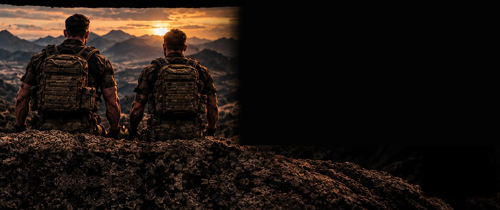 Two soldiers looking out over mountains at sunset